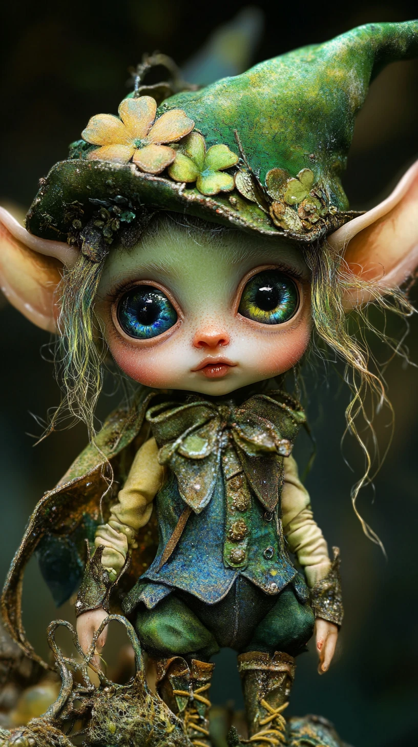 Baby folletto con occhi sfumati e scintillanti in una morbida arte fantasy