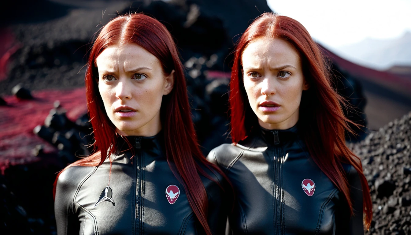 Two determined women in red and blue suits on alien world