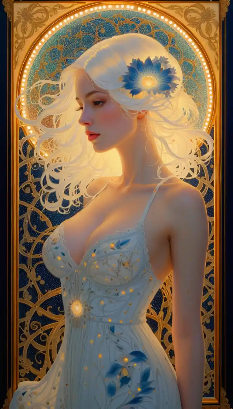 Ethereal woman rendered in luminous pointillist dots
