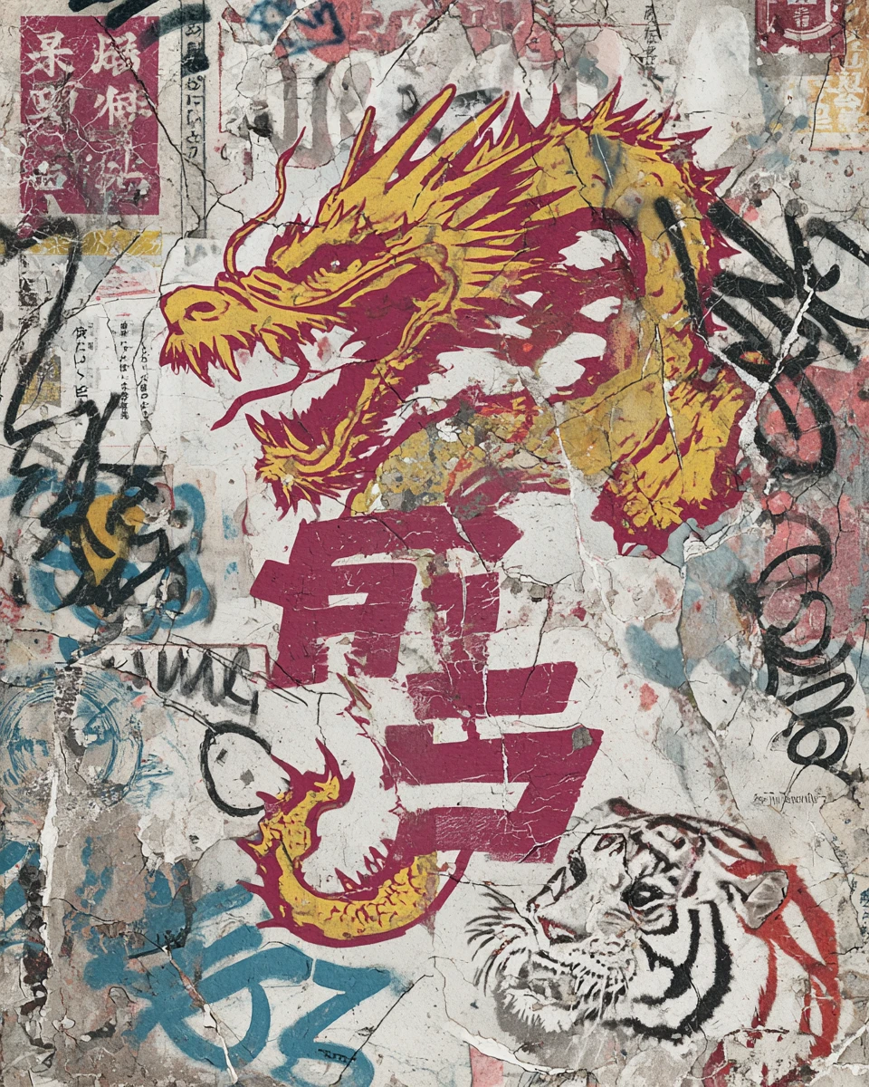 龍與老虎塗鴉拼貼的復古城市海報