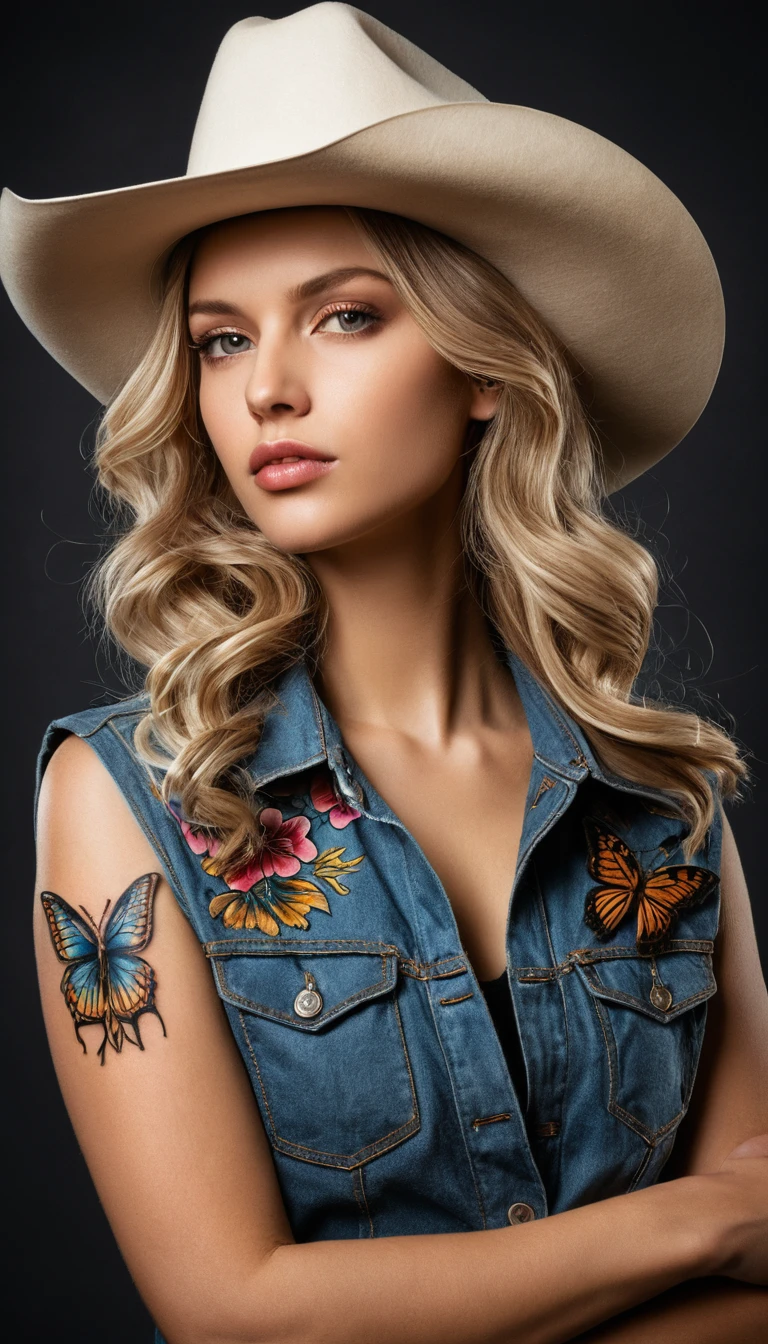 문신한 카 Cowgirl가 감사 표지판을 들고 미소 짓는 모습