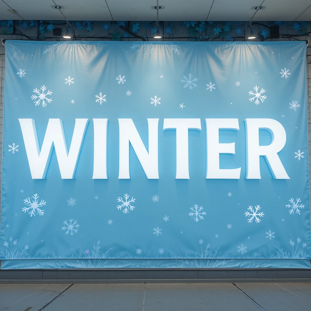 Hellblaues Winterbanner mit weißen Buchstaben und Schneeflocken