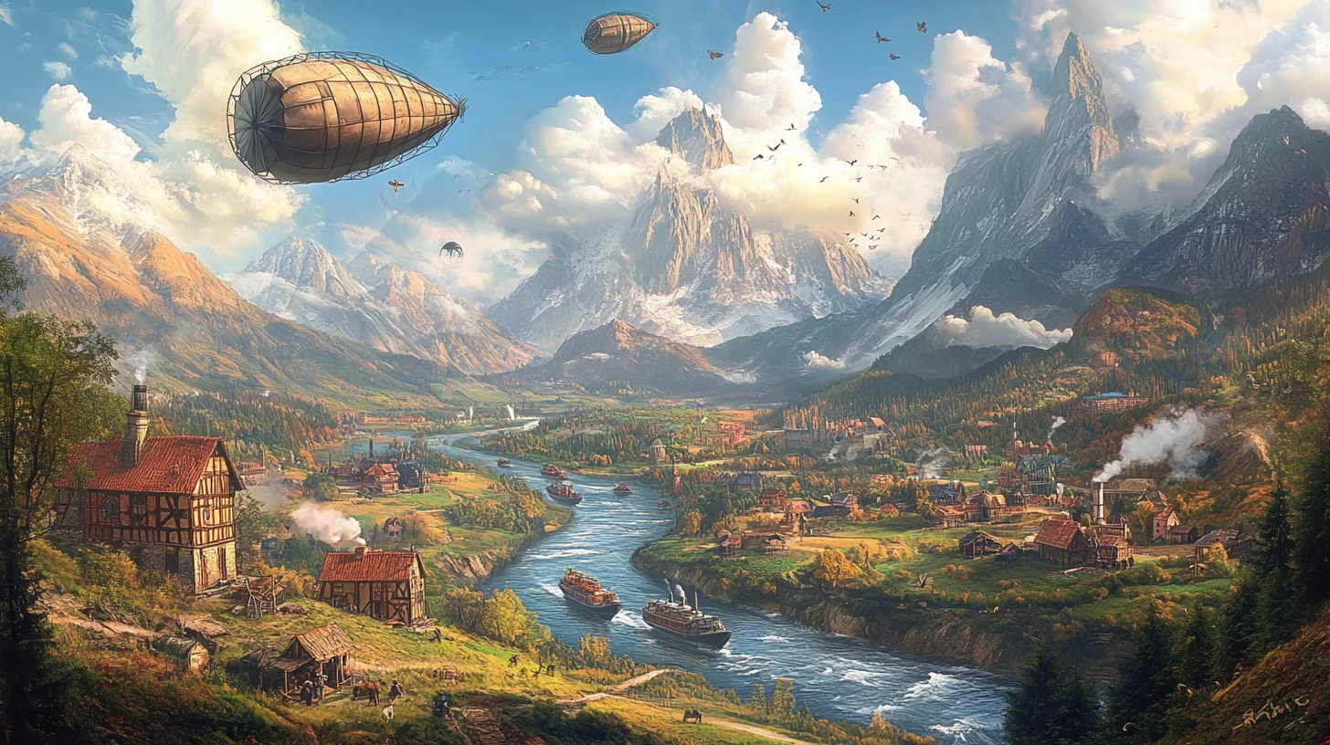 Dirigíveis steampunk sobre um colorido vale de rio nas montanhas