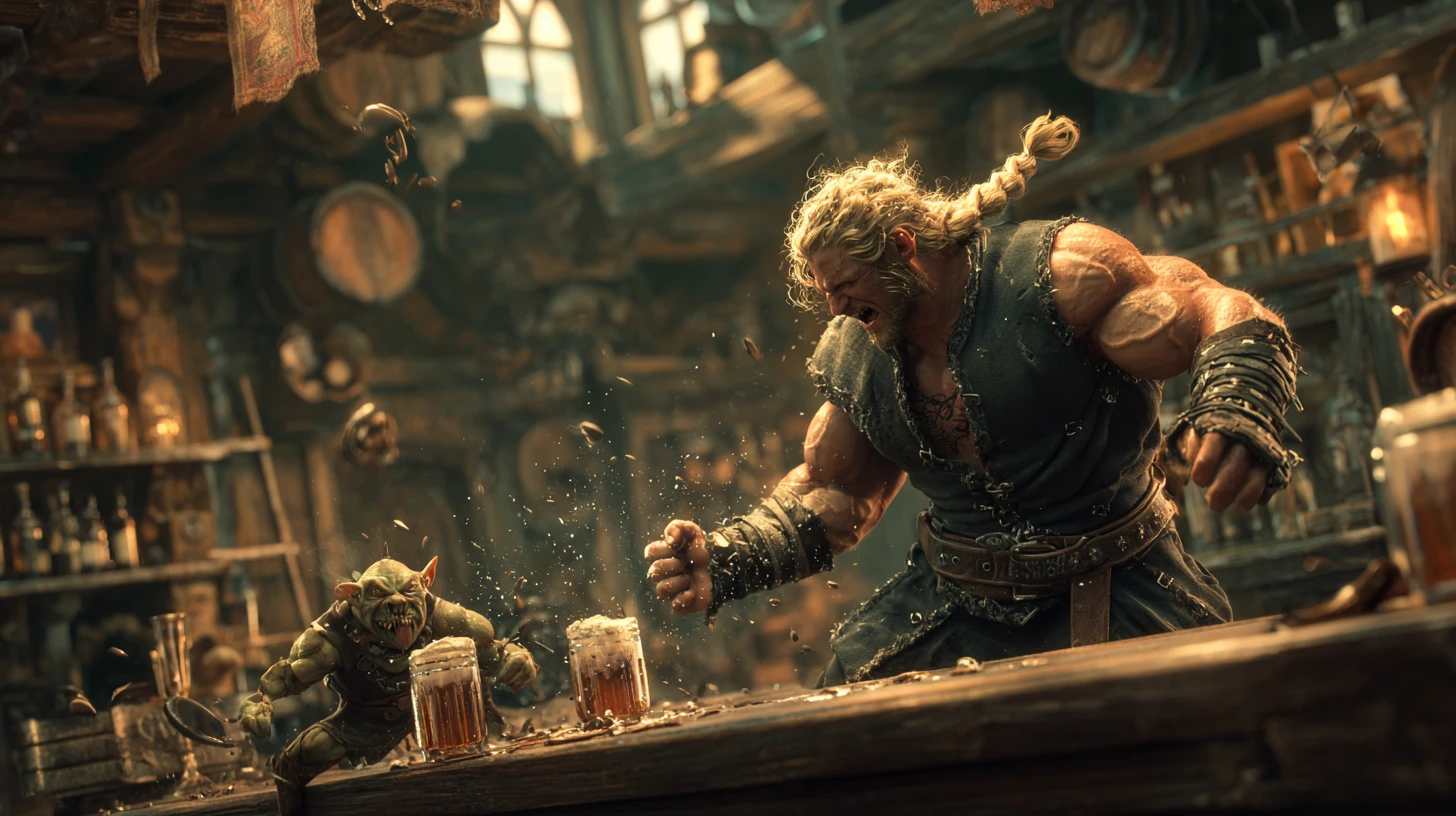 Bárbaro rindo arremessa goblin por uma taverna lotada