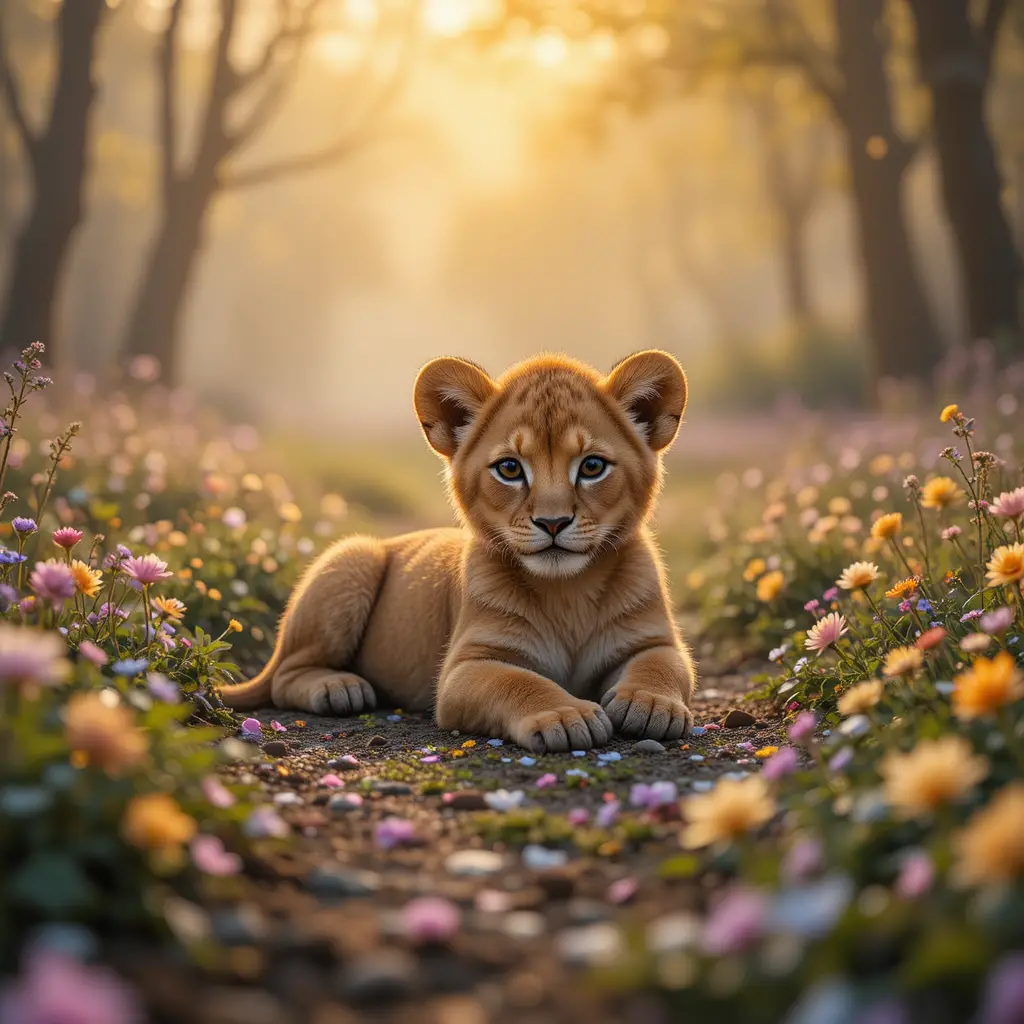 Löwenjunges ruht auf einem blumenbedeckten Frühlingswaldweg