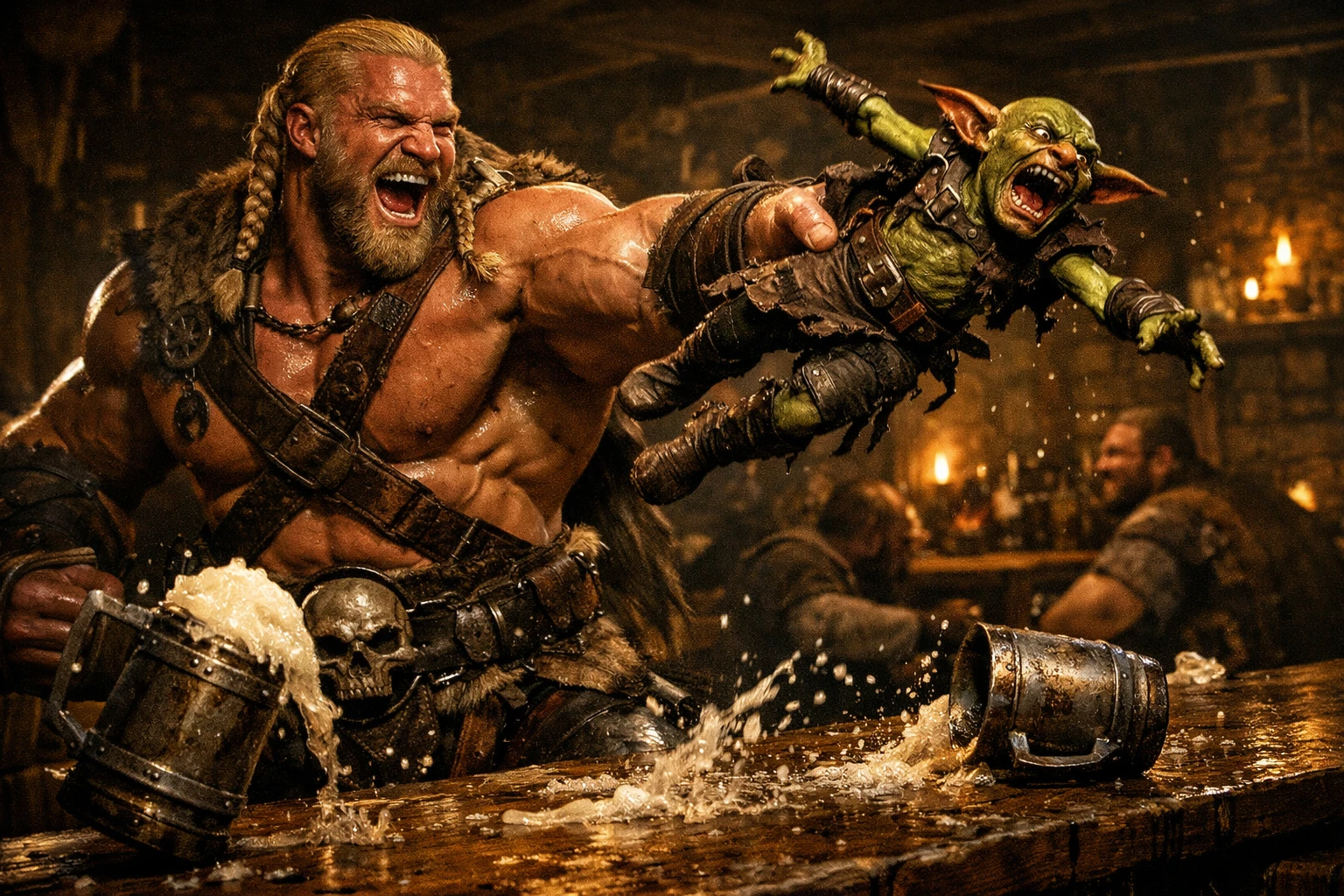 Bárbaro rindo arremessa um goblin por cima do balcão da taverna
