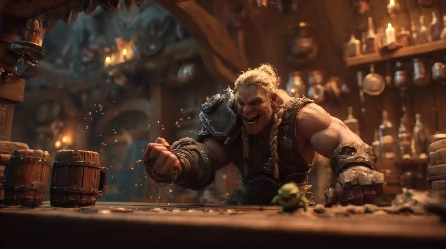 Bárbaro rindo arremessa goblin em taverna lotada