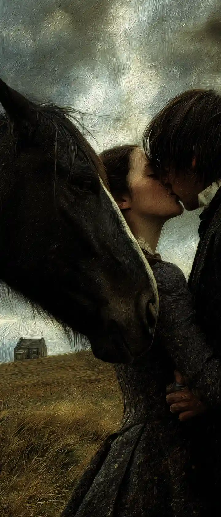 Secret lovers share a letter beside a gothic manor