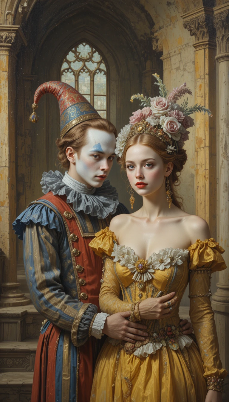 Palhaços jovens, homem e mulher, em uma grandiosa pintura de castelo