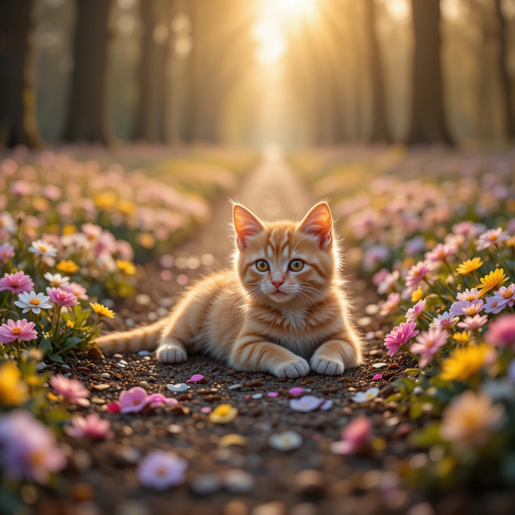 Piccolo gattino arancione che riposa su un sentiero primaverile coperto di fiori