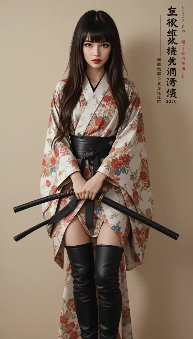 Asian woman in floral kimono holding katana sword