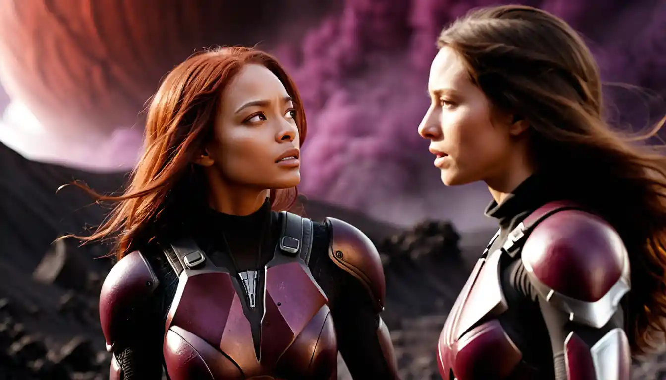 Two heroic women on alien crater under violet sky