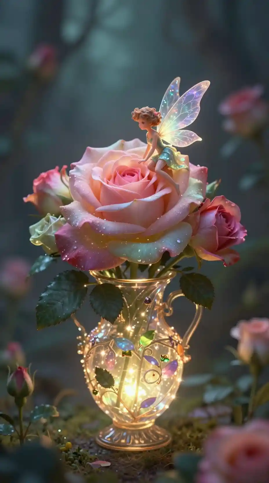 Pequeña hada luminosa sobre una enorme rosa multicolor
