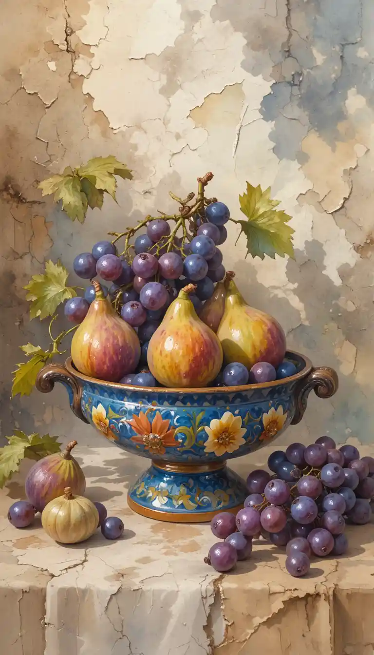 Fichi e uva ad acquerello su piatto rustico in maiolica