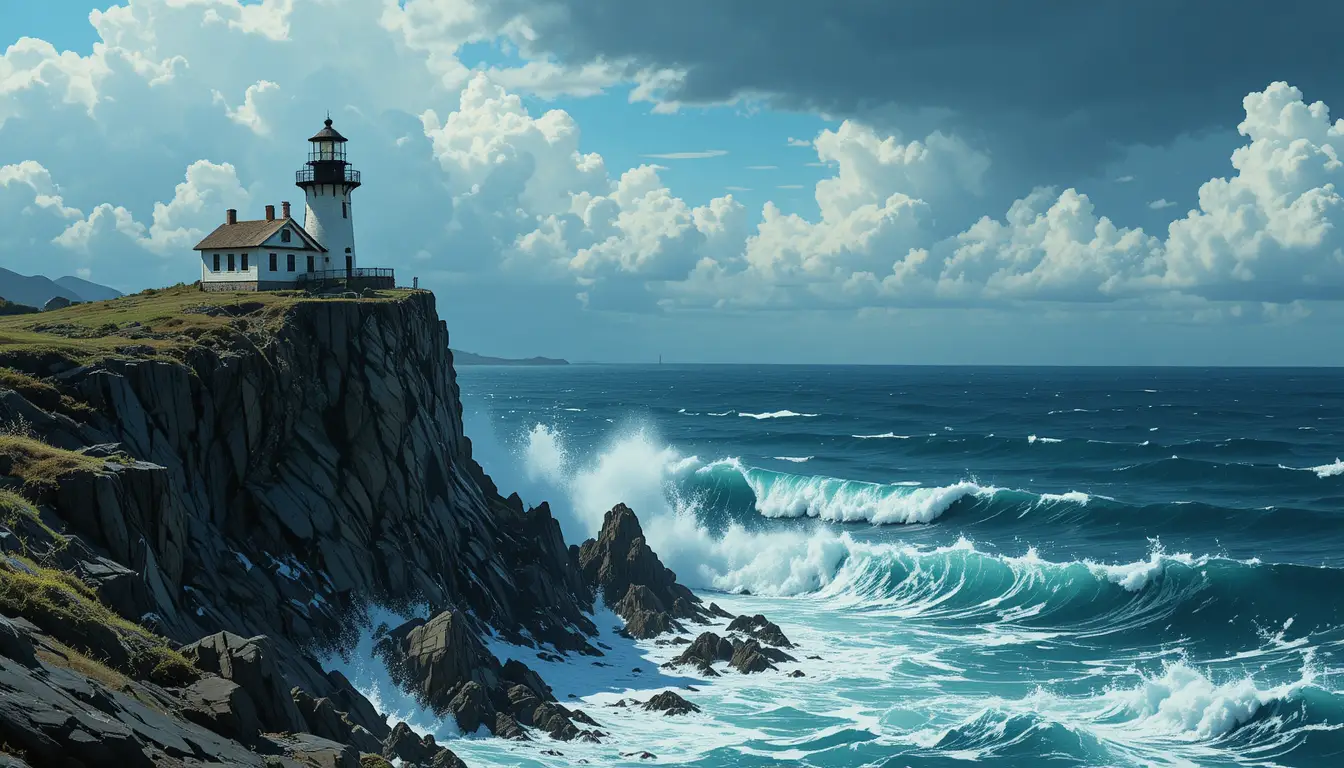 Solitario faro su scogliere in tempesta in audace stile grafico