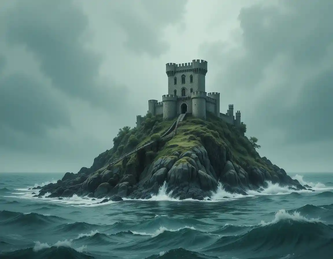 Forteresse en mer orageuse sur île rocheuse aquarelle