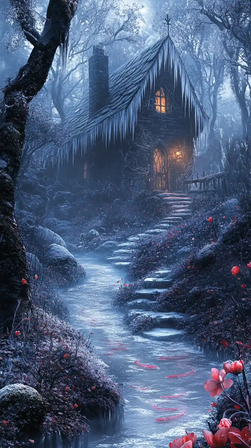 Cottage de fantasy brumeux dans la silhouette d’une feuille géante