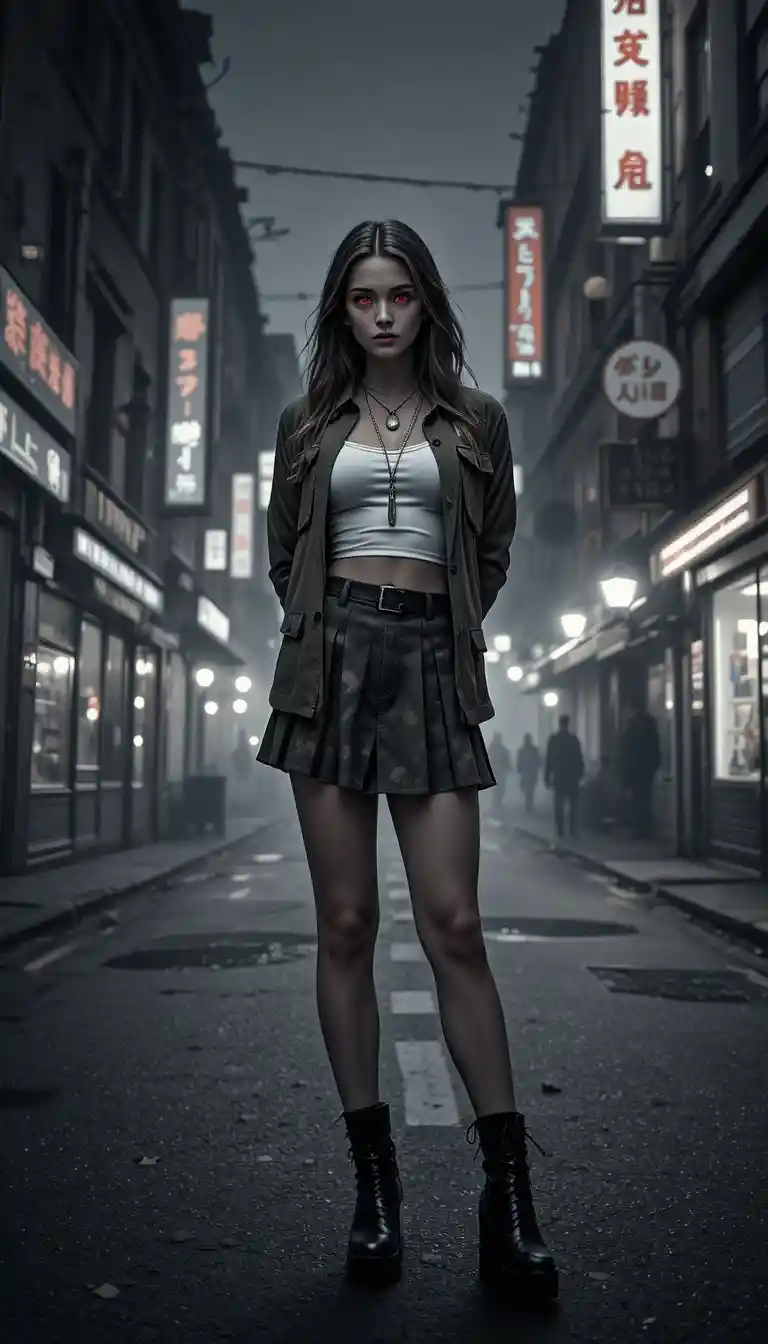 Mulher misteriosa em uma rua cinzenta e enevoada da cidade