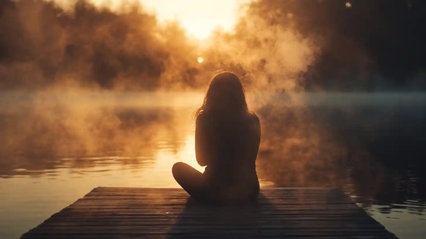 Mujer en un muelle junto al lago disolviéndose en humo al atardecer