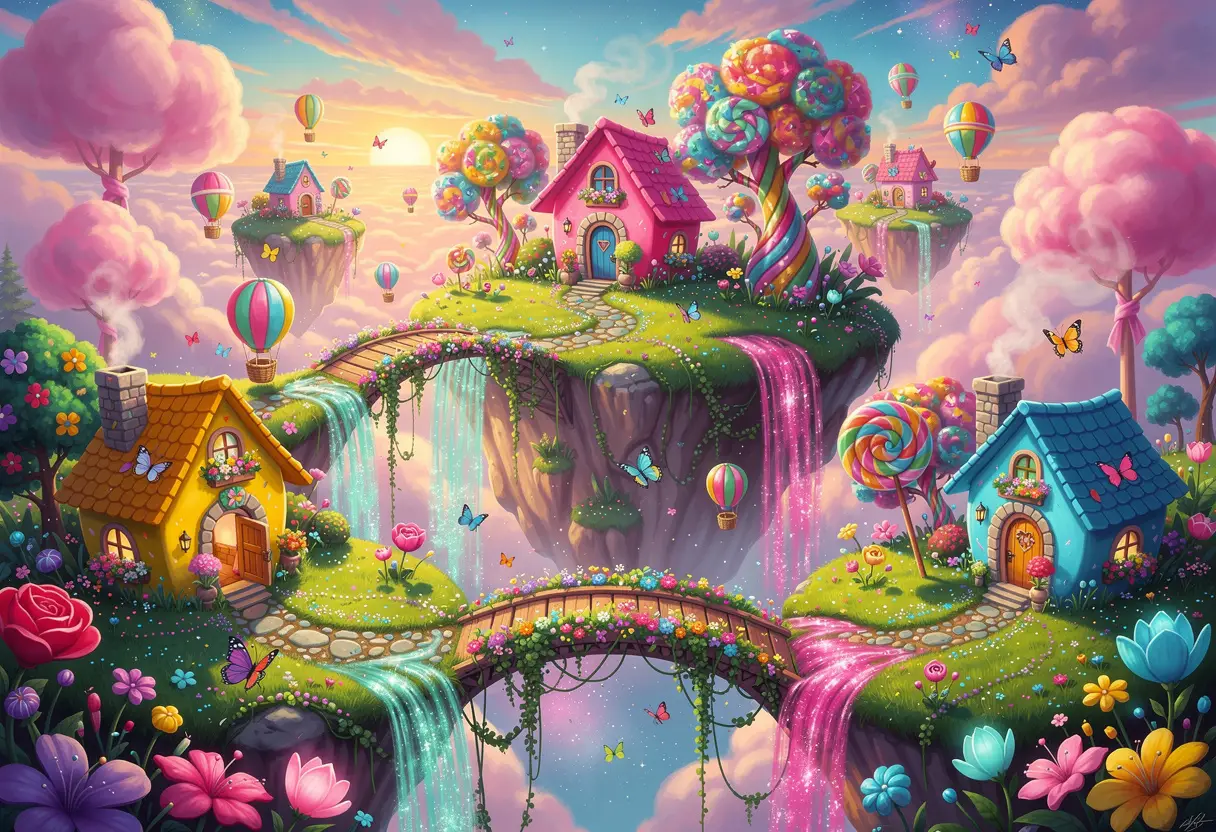 Isole fluttuanti fiabesche in un cielo fantasy dai colori caramellati