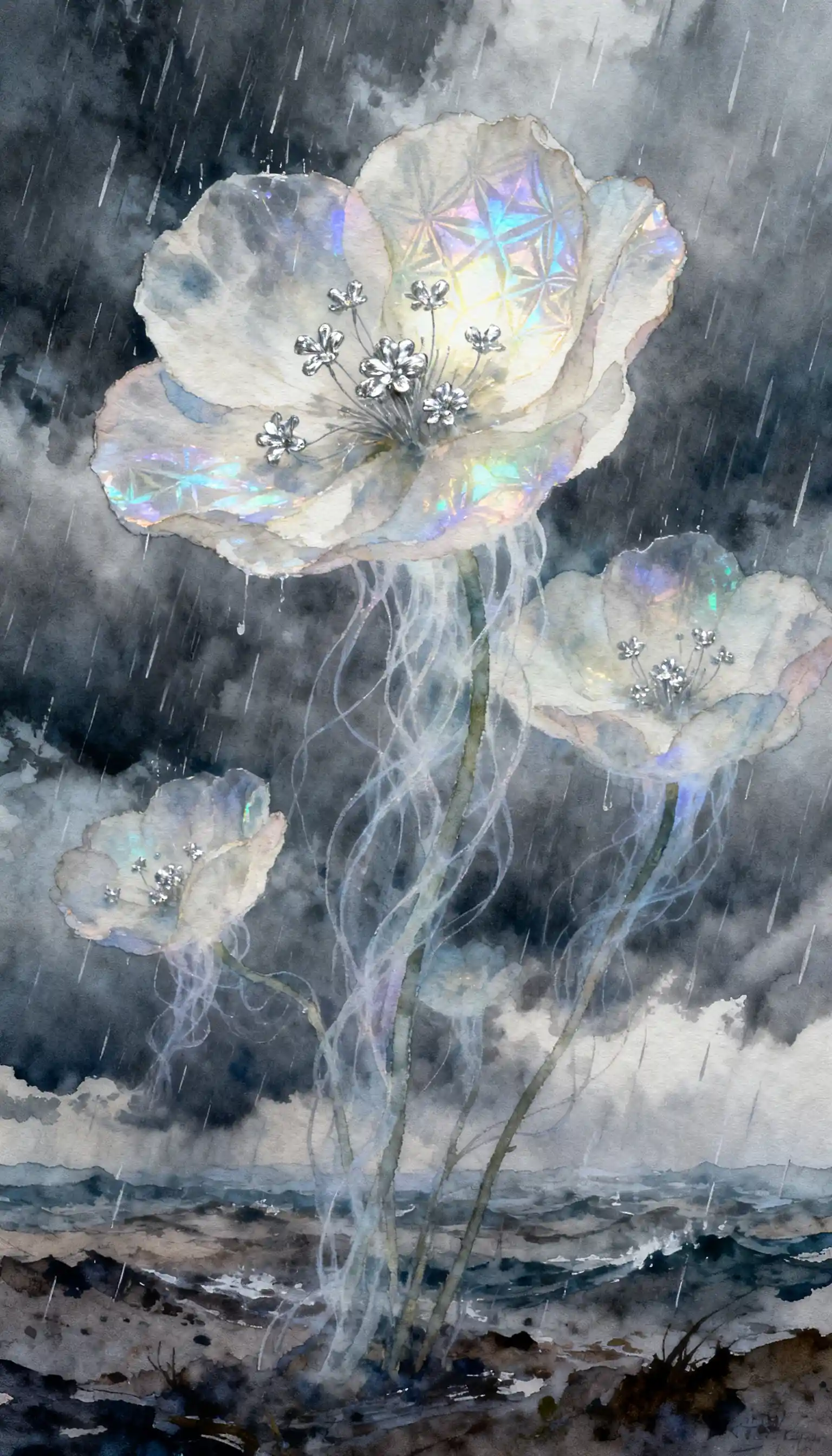Ghostly flowers glowing in a stormy desolate landscape