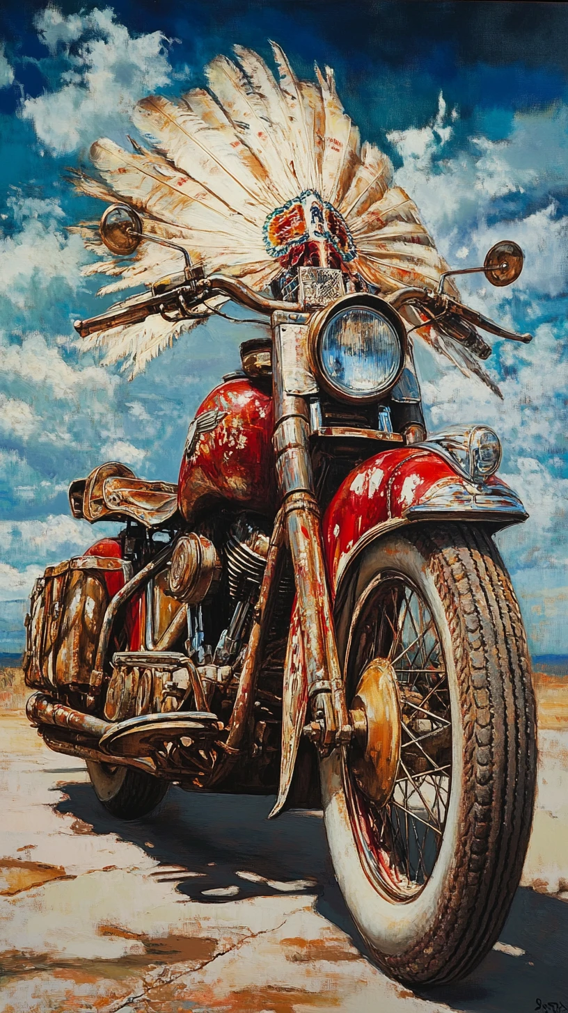 Pintura surreal de uma motocicleta clássica com cores vibrantes