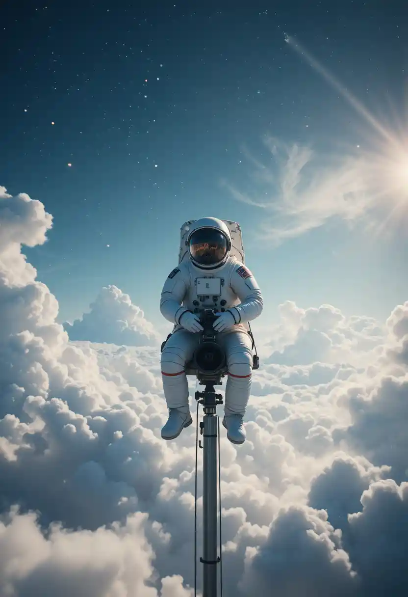 開けた空の高みでカメラに座る宇宙飛行士