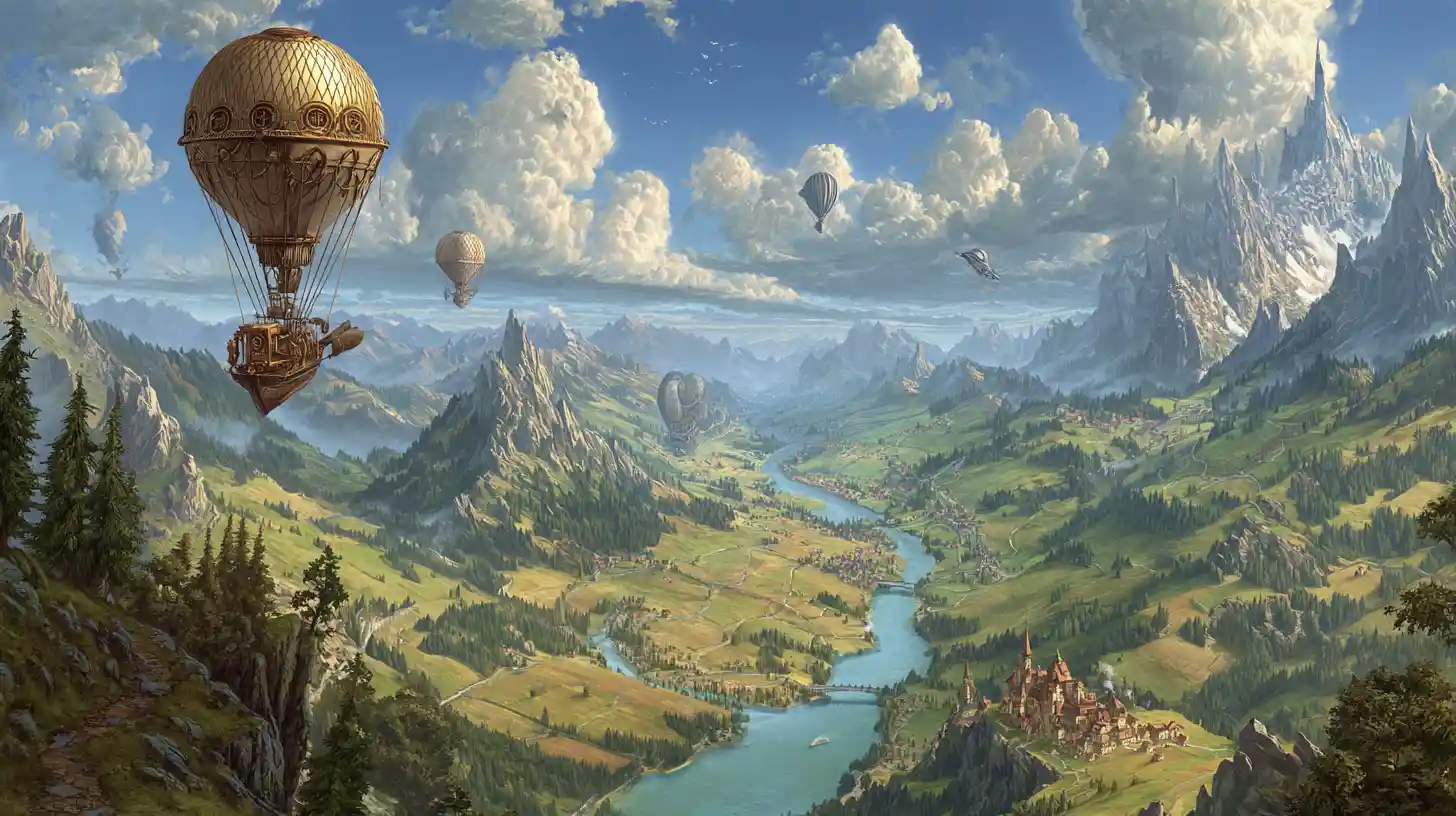 Dirigíveis Steampunk Sobre Um Vale Colorido de Montanhas