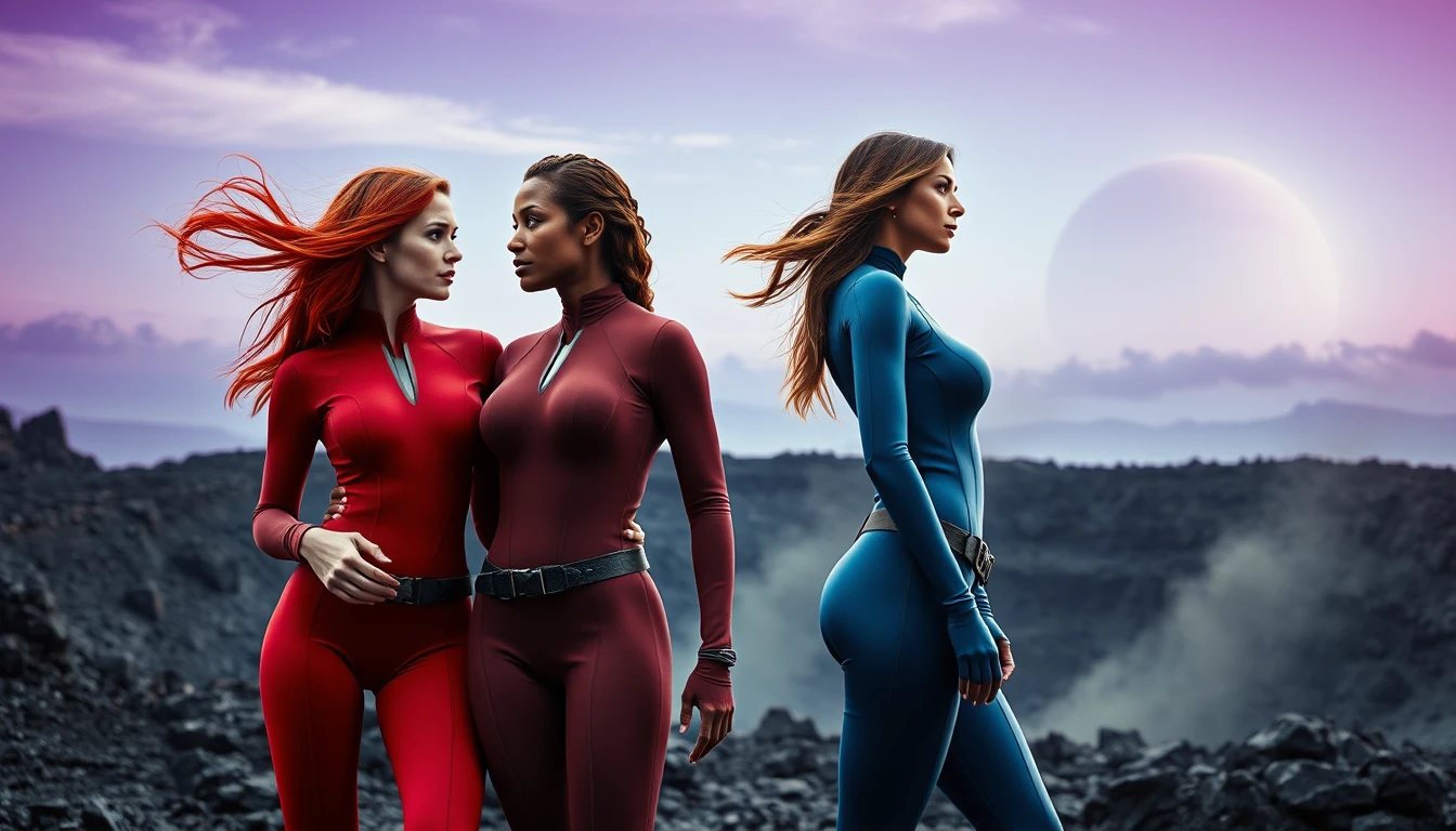 Duas mulheres heroicas em uma cratera alienígena sob um céu roxo