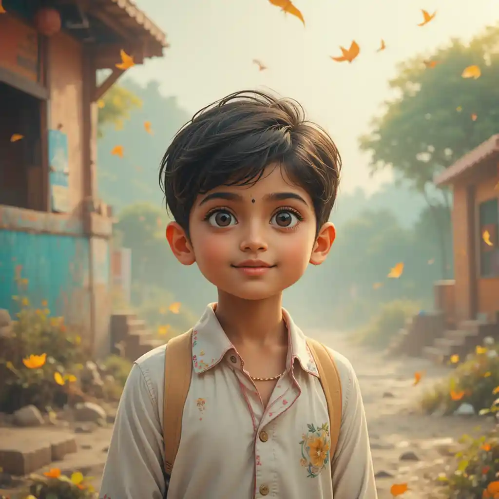 Hardworking village boy walking to school in daylight