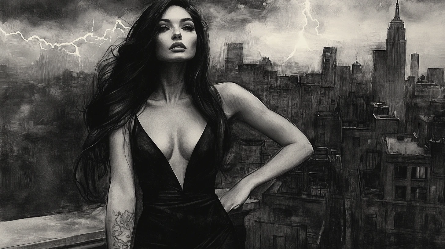 Elegant woman on city rooftop in dramatic monochrome scene