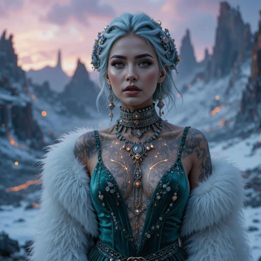 Powerful woman in emerald gown amid frozen volcanic crater