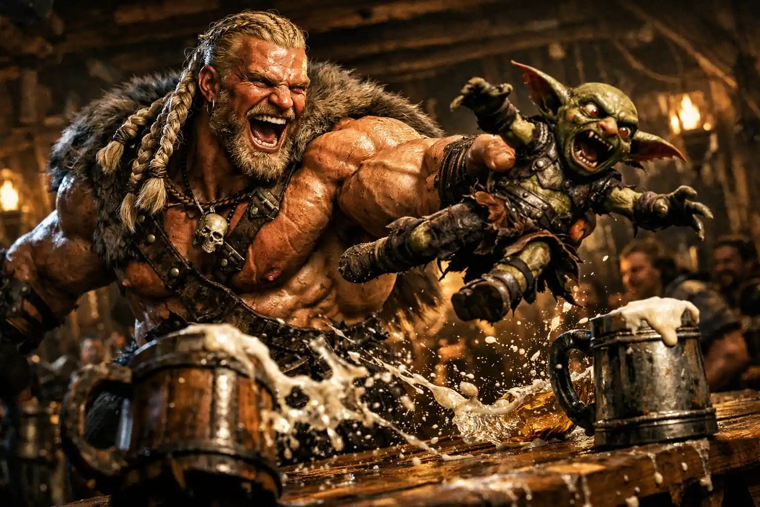 Bárbaro rindo arremessa goblin por uma taverna barulhenta