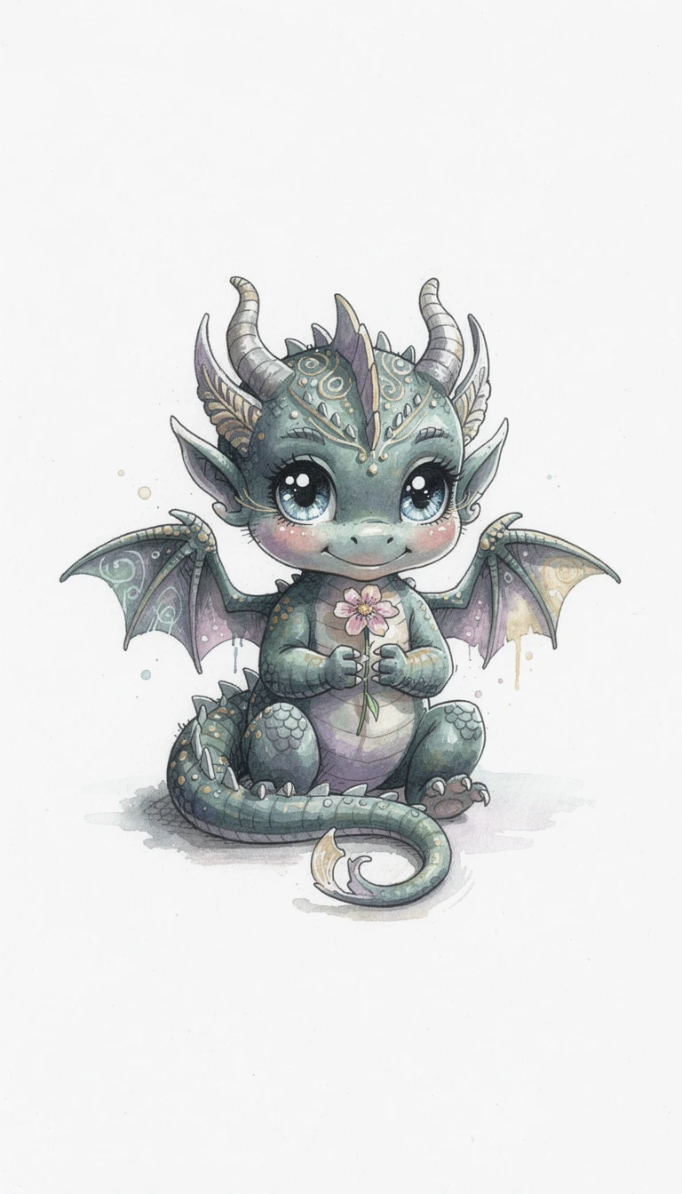 Cute baby dragon holding a flower in watercolor
