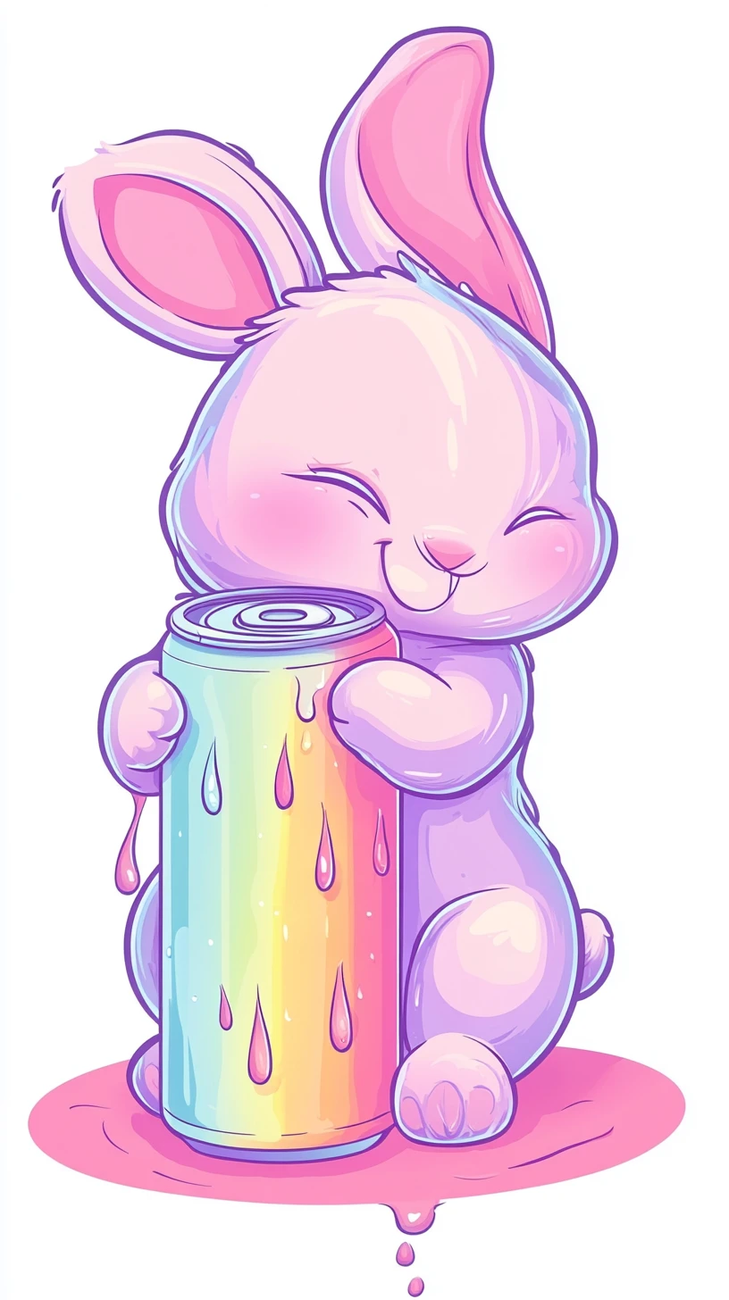 Coelho fofinho de orelhas caídas abraçando um adesivo colorido de lata de refrigerante