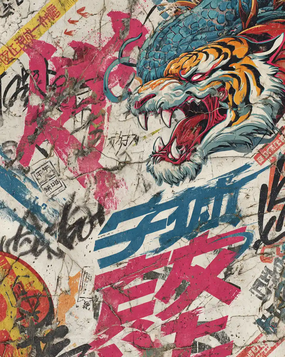 Póster retro futurista de Tokio con choque entre dragón y tigre