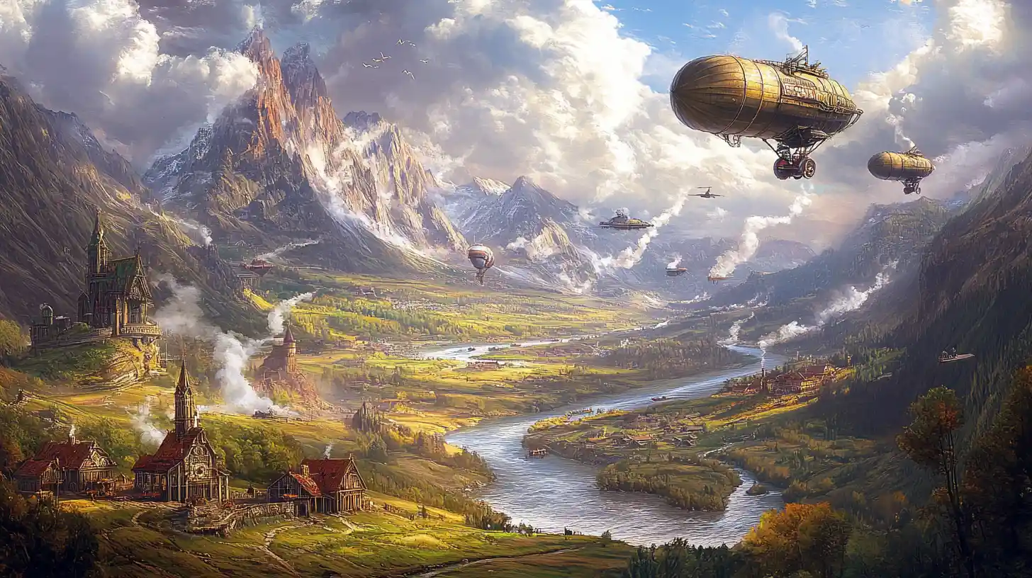 Dirigíveis steampunk sobre um vale fluvial com vila nas montanhas