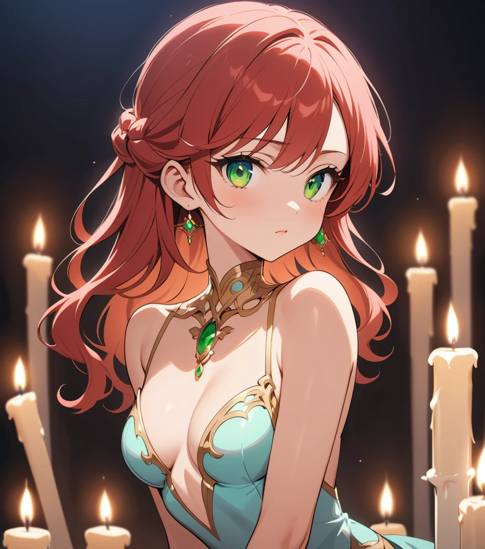 Anime girl close up with red hair and golden jewelry