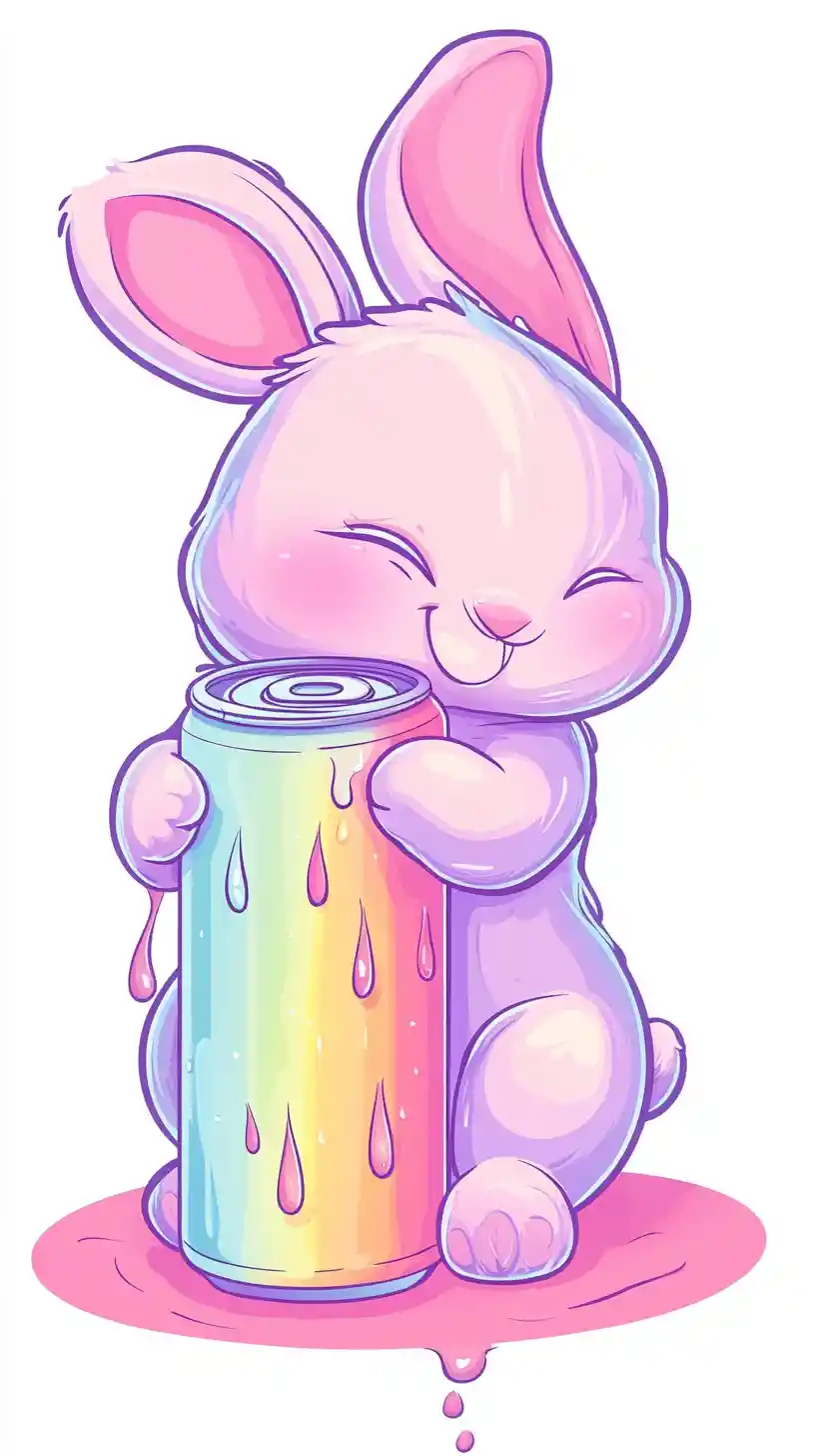 Cute floppy eared rabbit hugging a colorful soda can sticker
