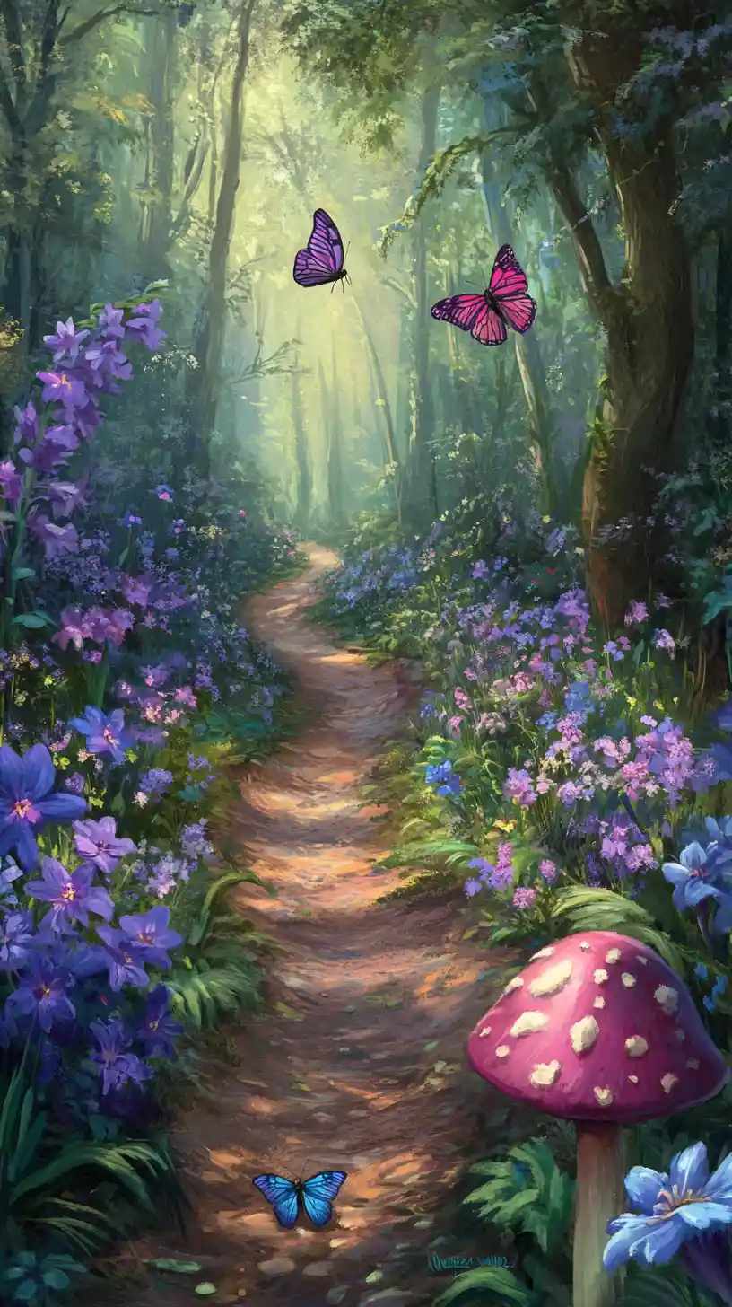 Winding forest path with purple flowers and butterflies