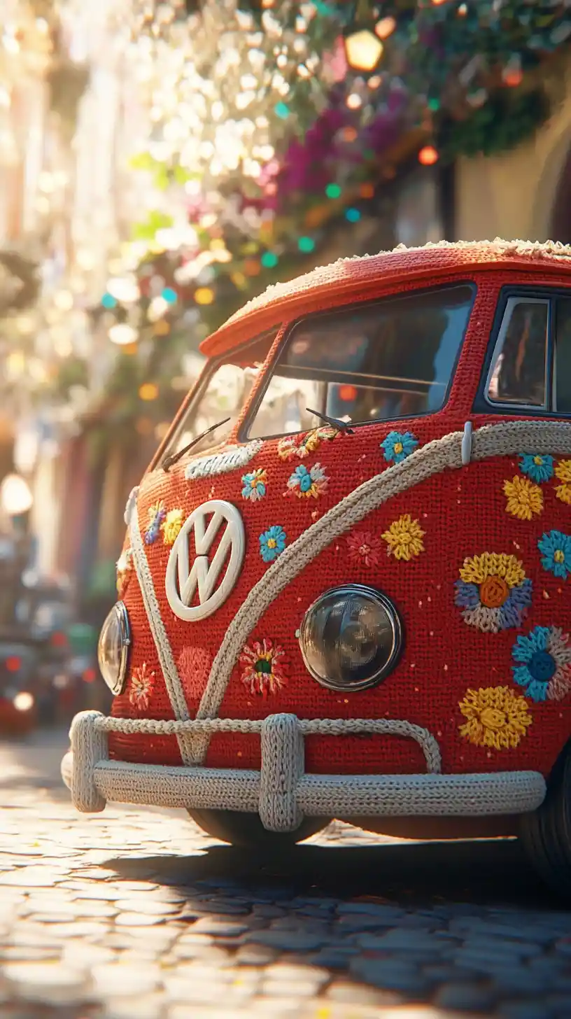 Knitted Red Volkswagen Bus In Whimsical Stop Motion Style