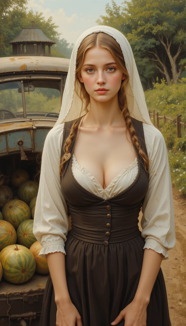 Village woman in simple clothes beside a car of watermelons