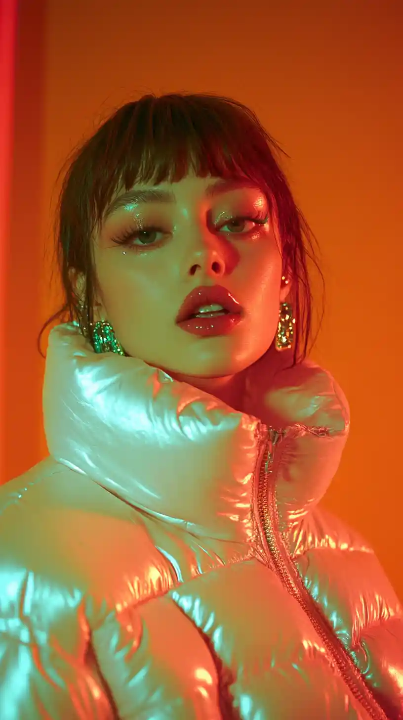 Futuristic fashion portrait in glowing white puffer jacket