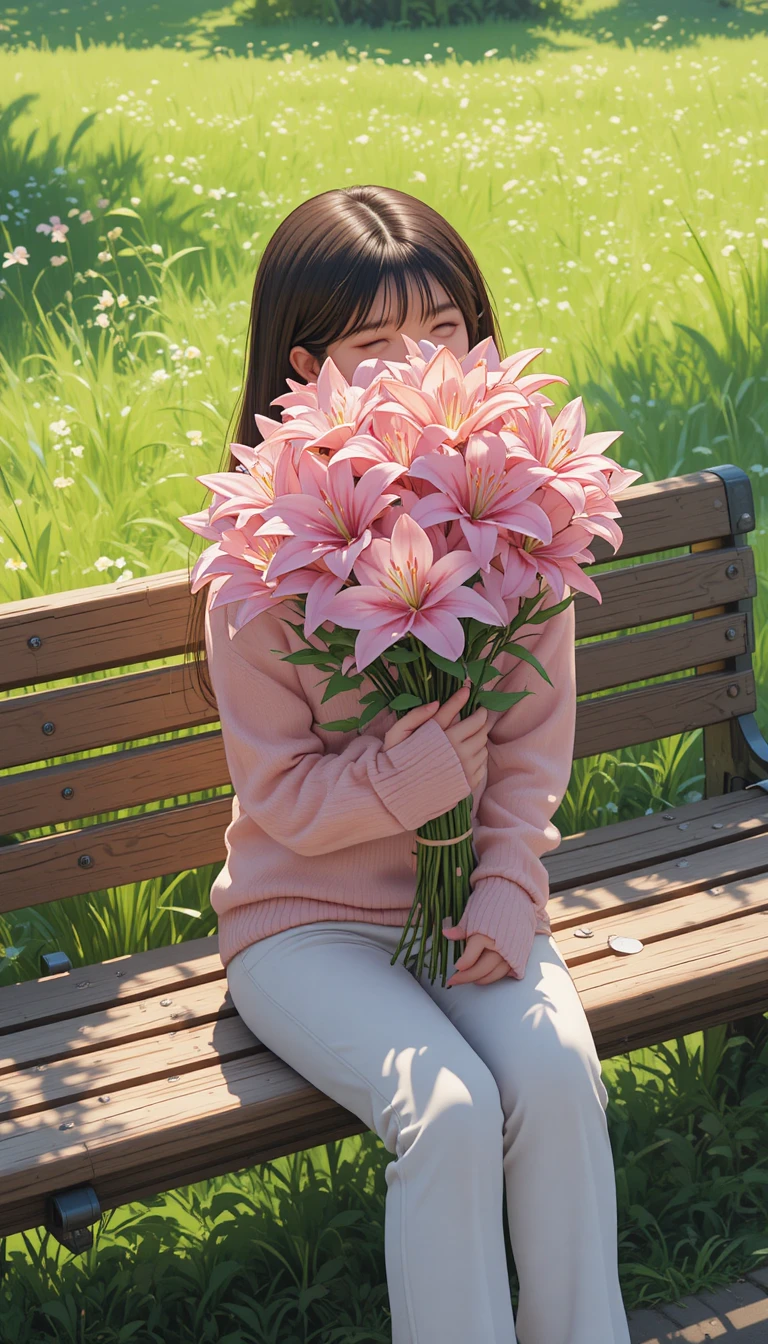 Fille d’anime avec des lys sur un banc de parc au printemps