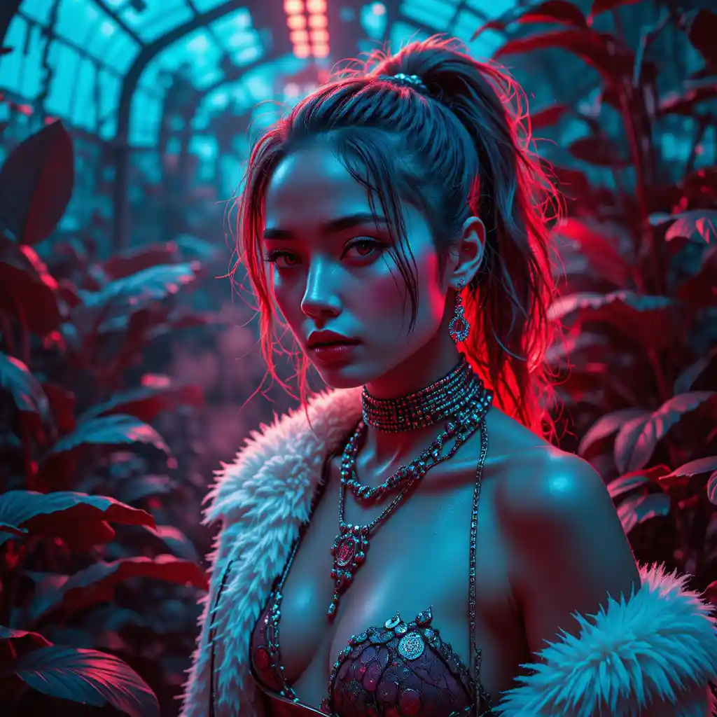 Ritratto di conduttrice cyberpunk in una serra illuminata al neon
