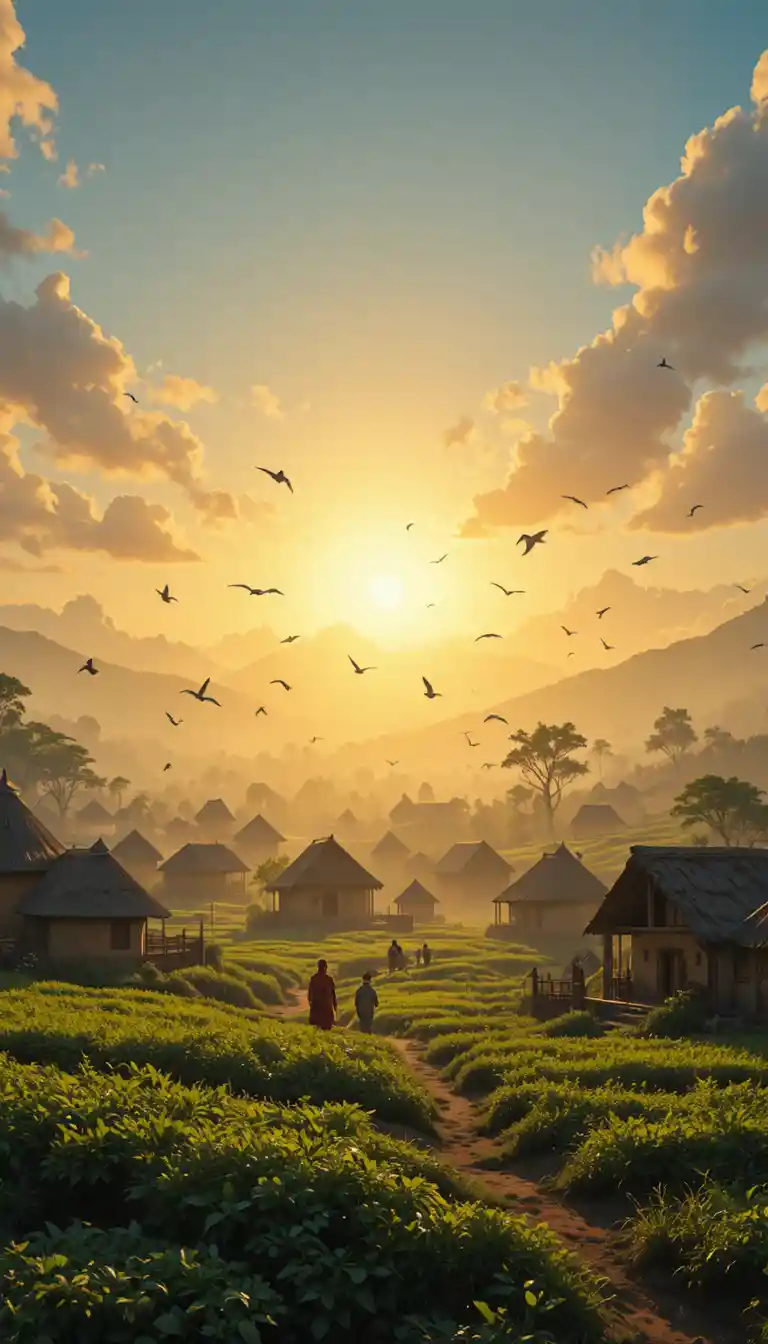 Nascer do sol tranquilo em vila indiana com campos e pássaros