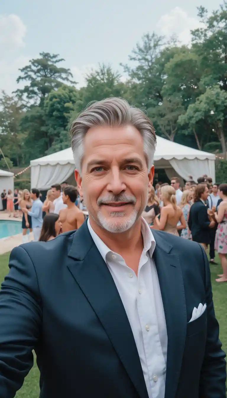 Man in suit taking photo at lively outdoor party