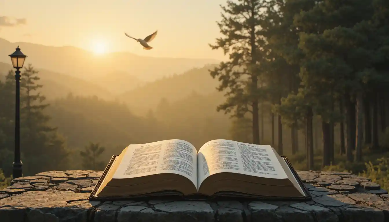 Antica Bibbia su altare di pietra all’alba in una foresta nebbiosa