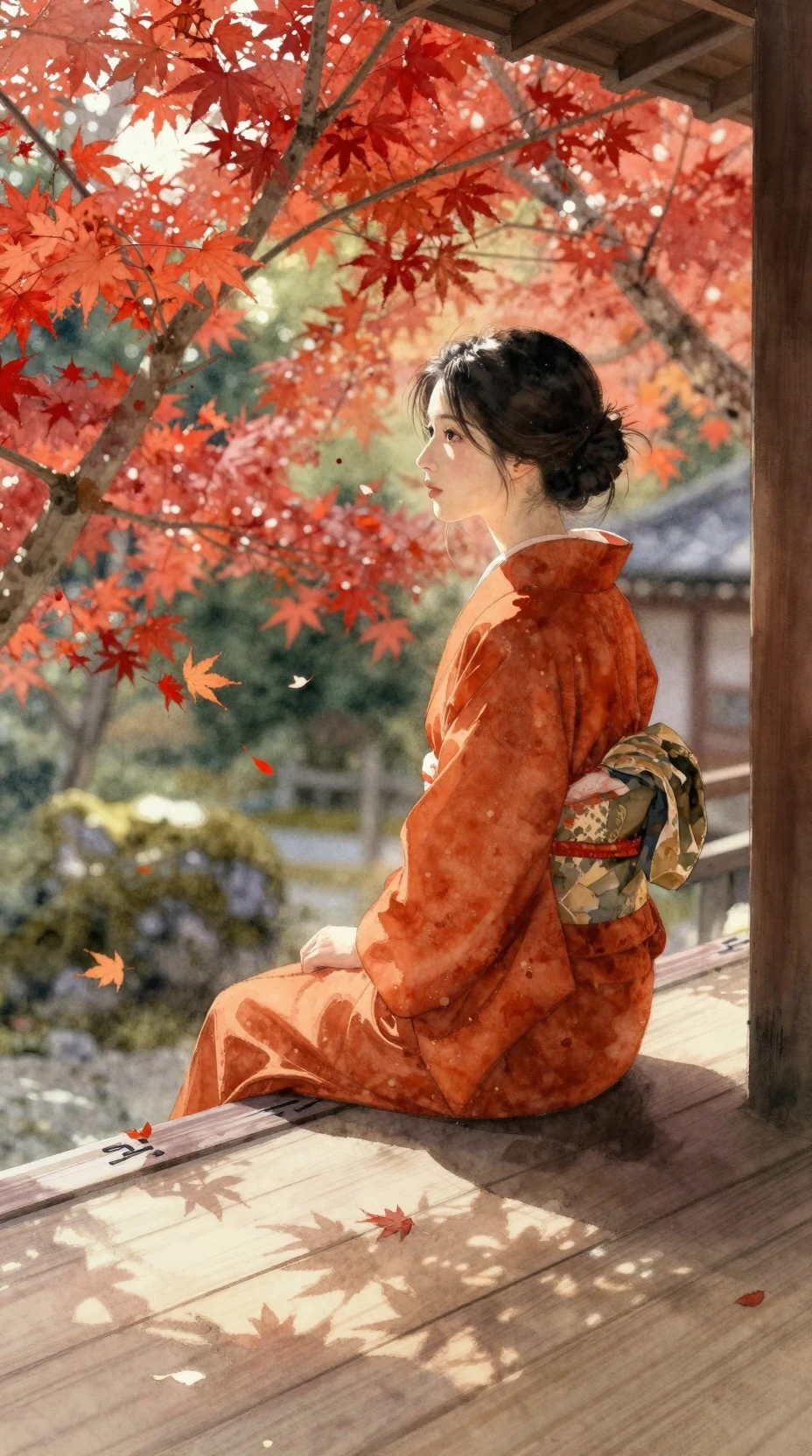 Mujer con kimono naranja en la veranda de un templo en jardín de otoño