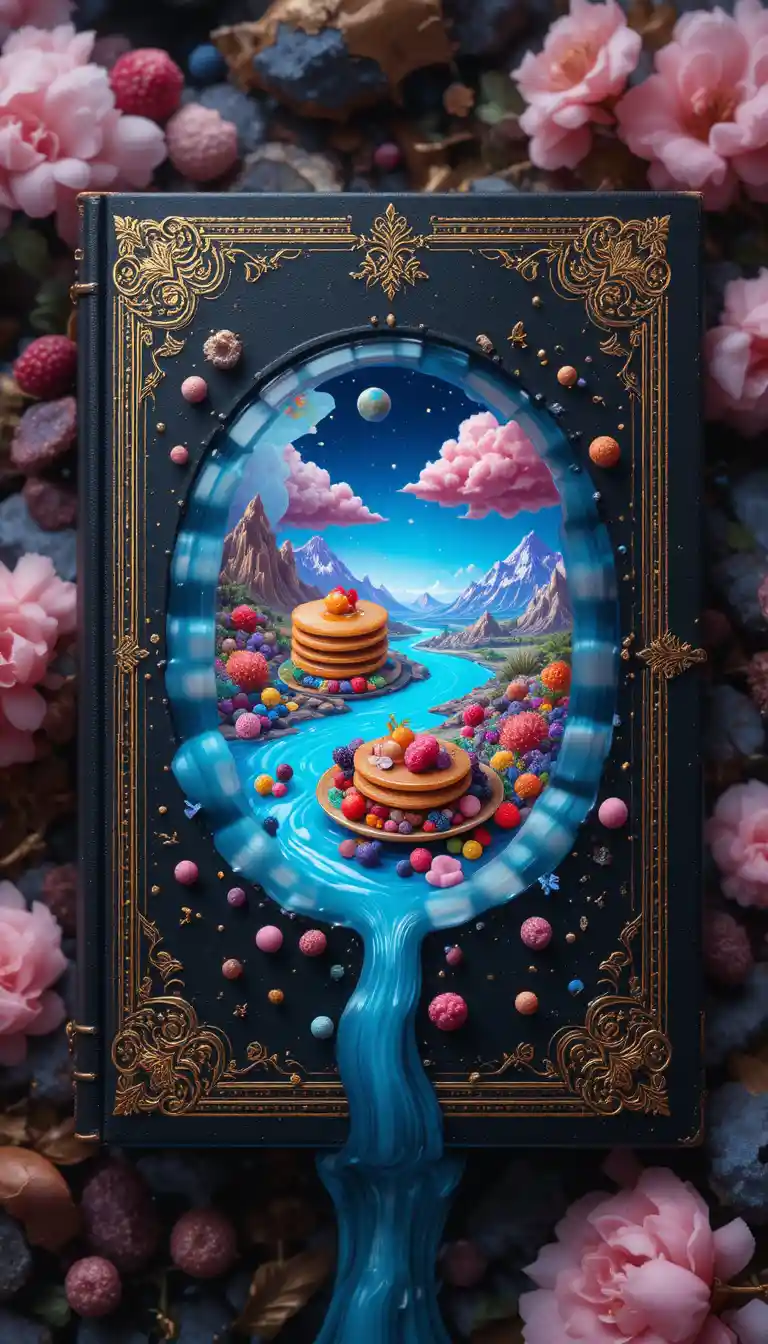Livro mágico com xarope formando um minúsculo mundo fantástico de café da manhã